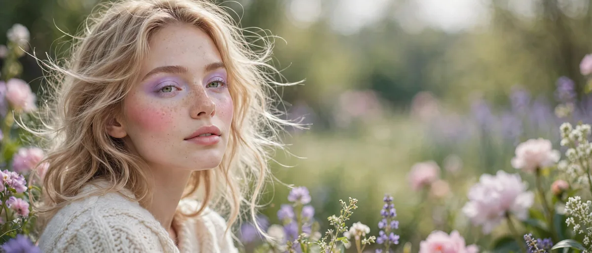 Woman wearing dreamy pastel makeup with lilac eyeshadow and pink blush