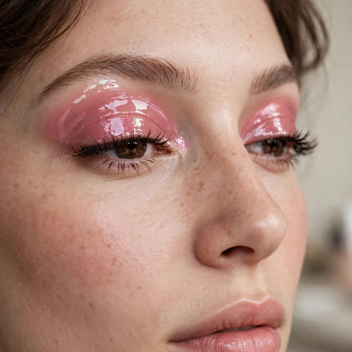 Glossy pink eyeshadow lids with wet shine finish