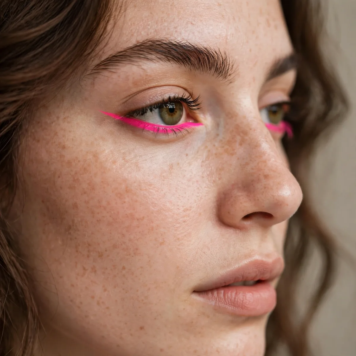Hot pink eyeliner on lower lash line as accent