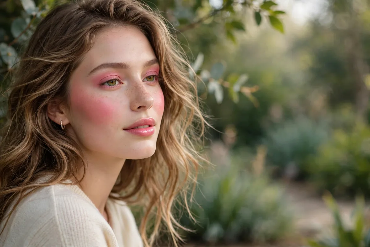 Woman with fresh pink makeup look featuring rosy blush and pink lips