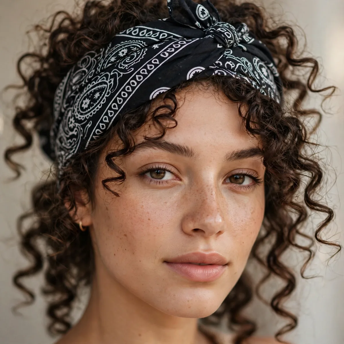 Curly hair wrapped with pirate bandana headscarf