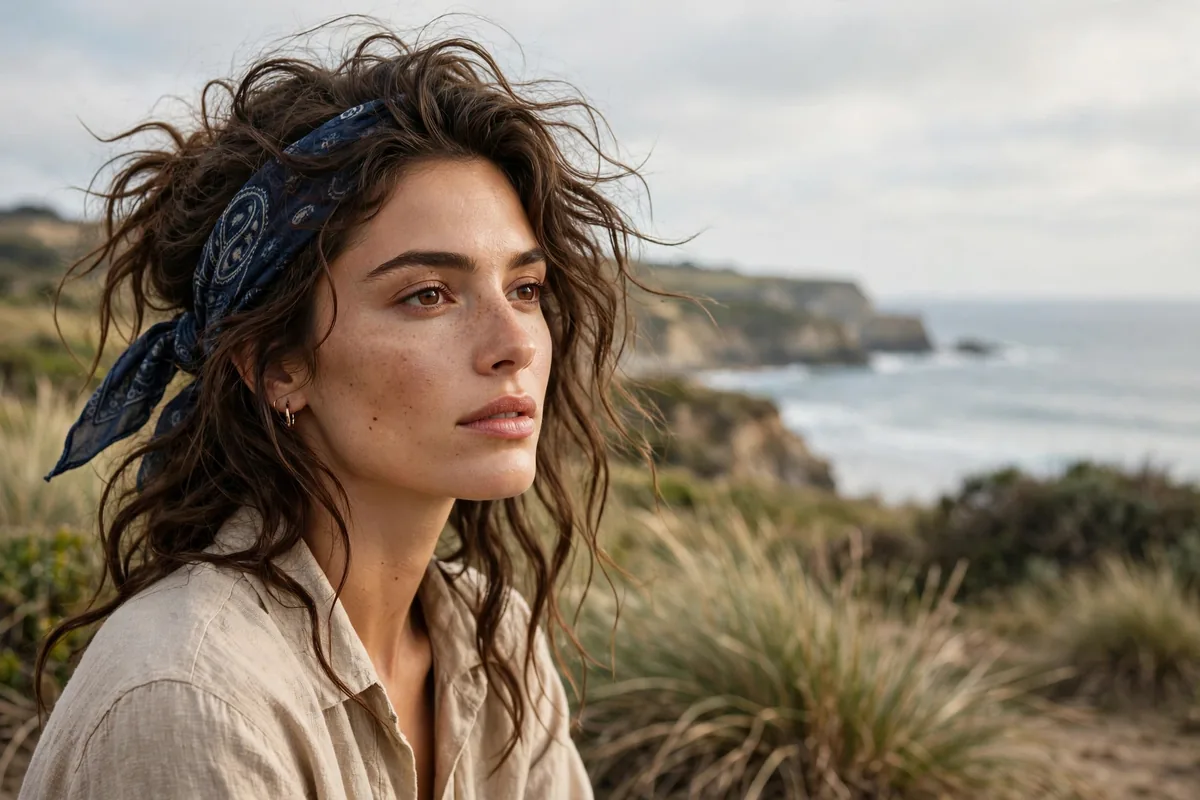 Woman with tousled pirate hairstyle with bandana and waves