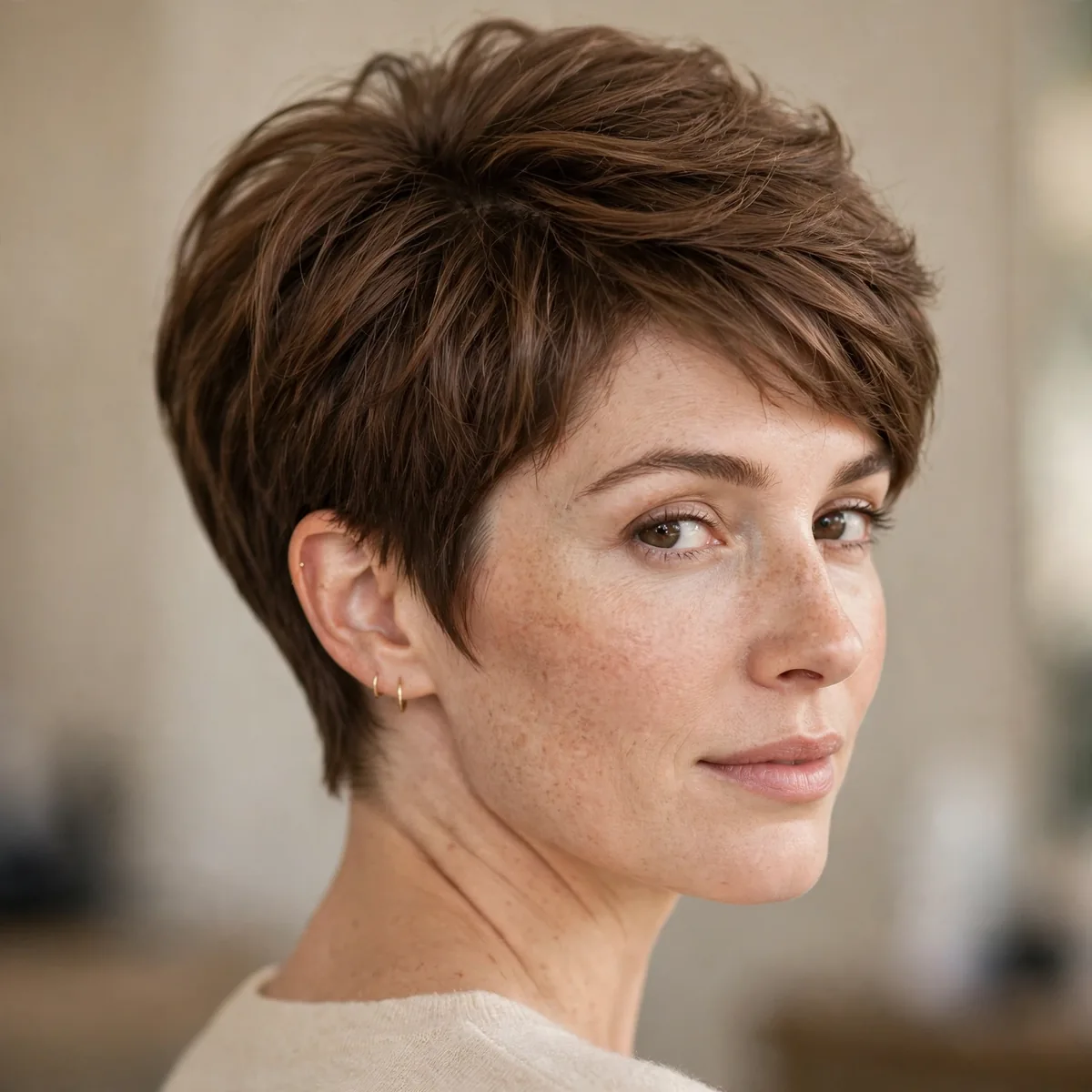 Woman with a classic tapered pixie bob haircut showing a neat nape and full crown