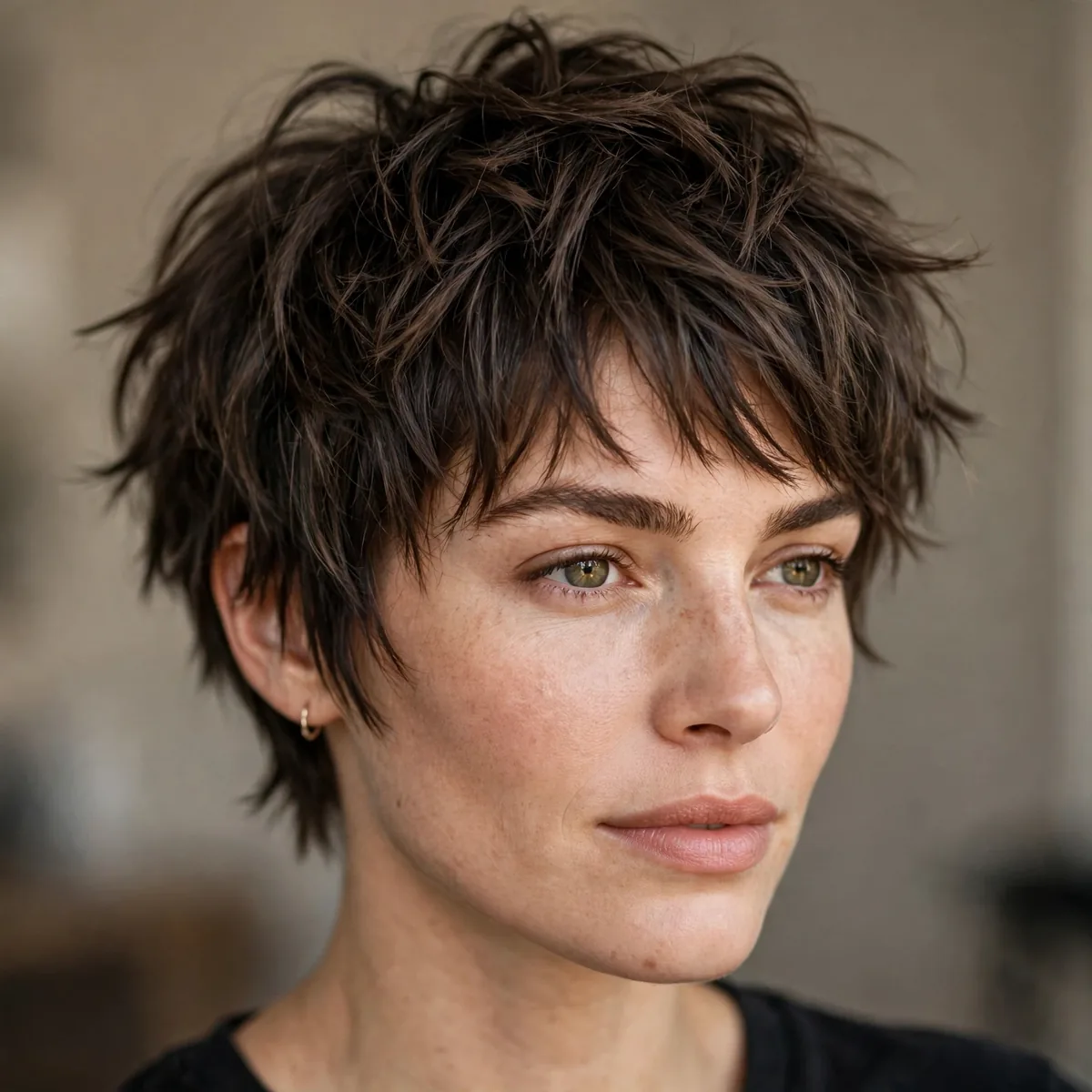 Choppy textured pixie bob with piecey layers and an edgy modern finish