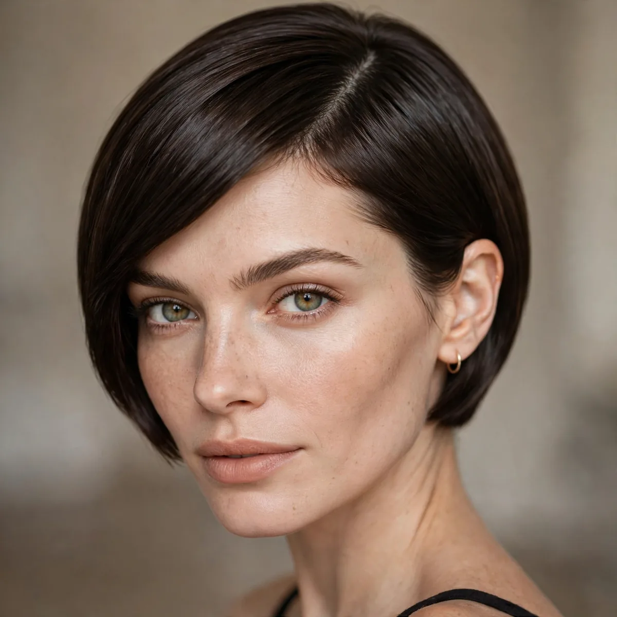 Sleek pixie bob with a deep side part and glossy smooth finish