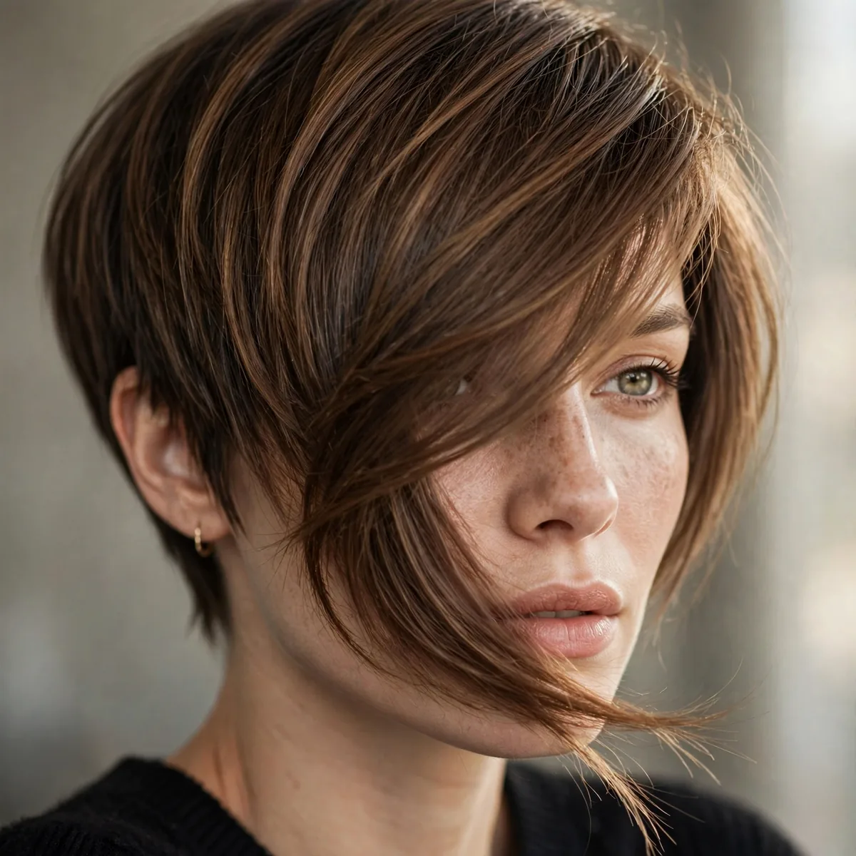 Asymmetrical pixie bob with one longer side sweeping across the face dramatically