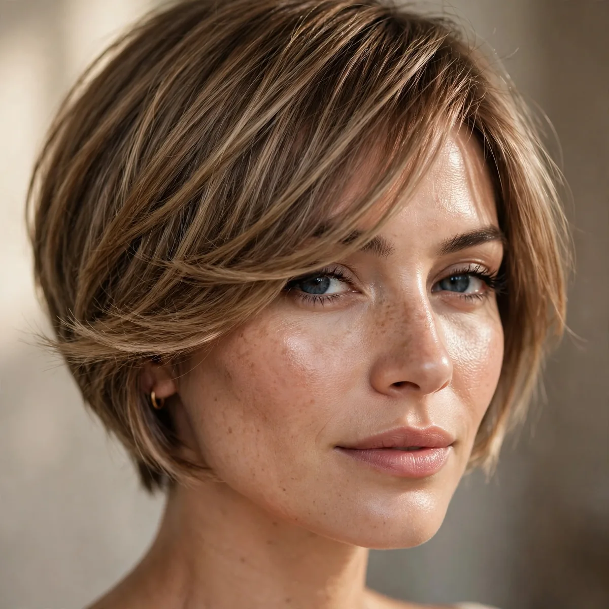 Pixie bob haircut with long side-swept bangs framing the face softly