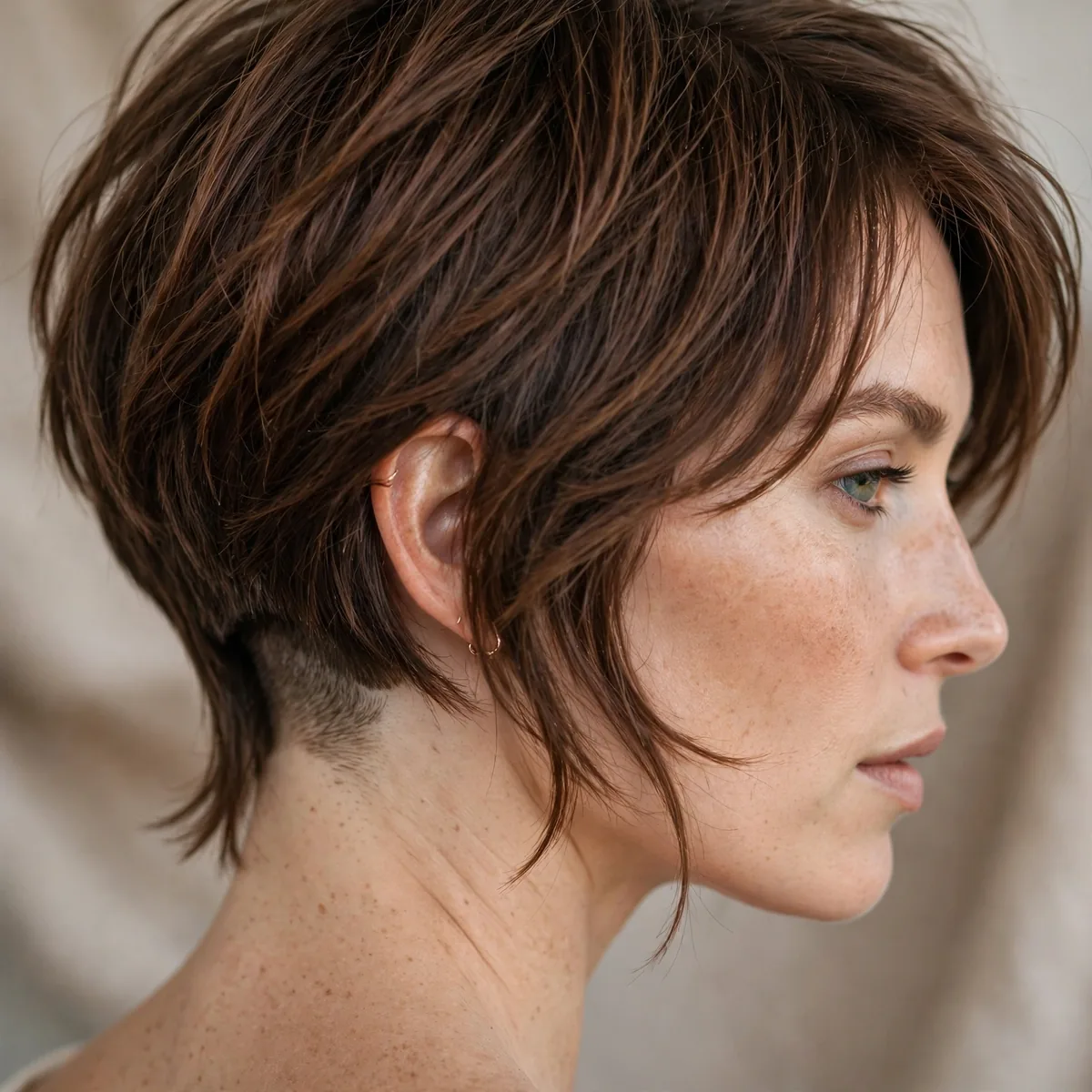Pixie bob with hidden undercut revealed at the nape beneath longer layers