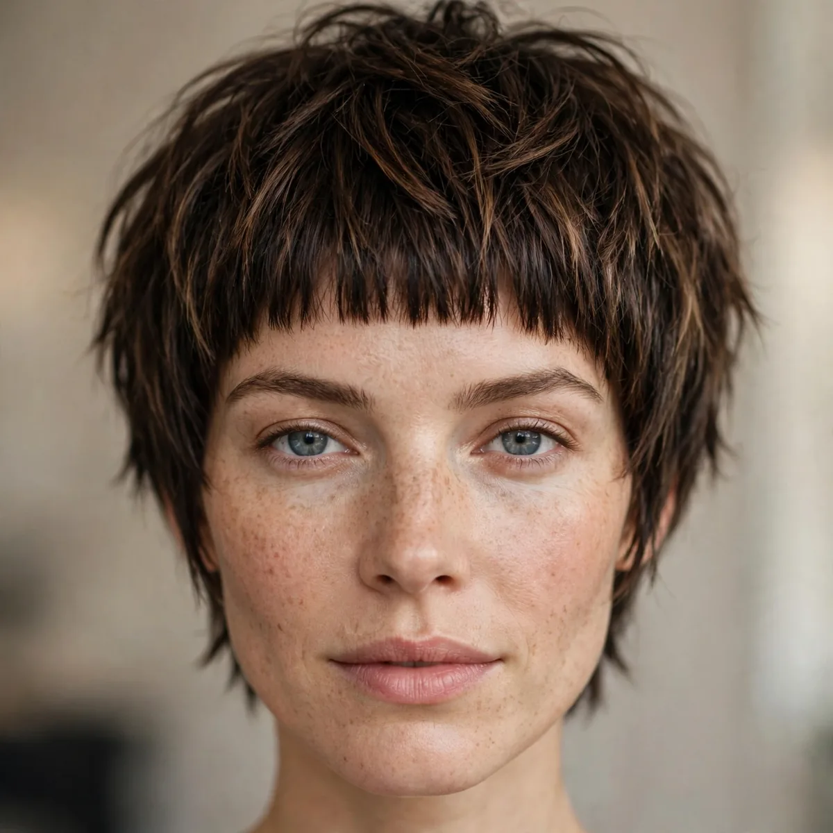 Pixie bob with a bold micro fringe above the eyebrows and textured layers