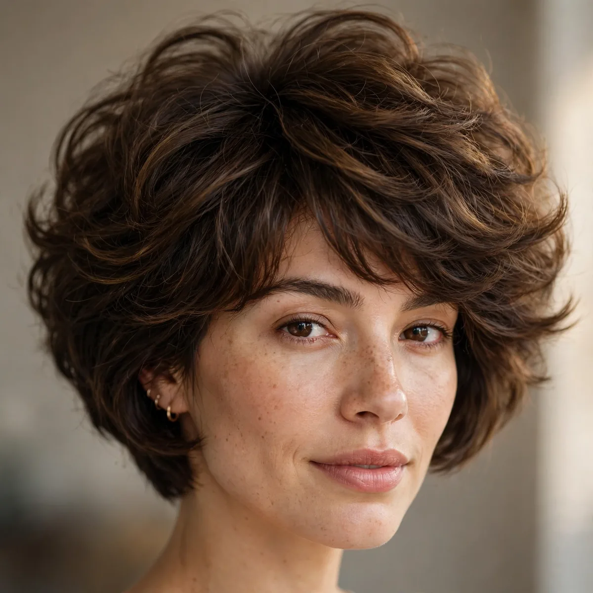 Voluminous pixie bob on thick hair with big rounded shape and airy layers