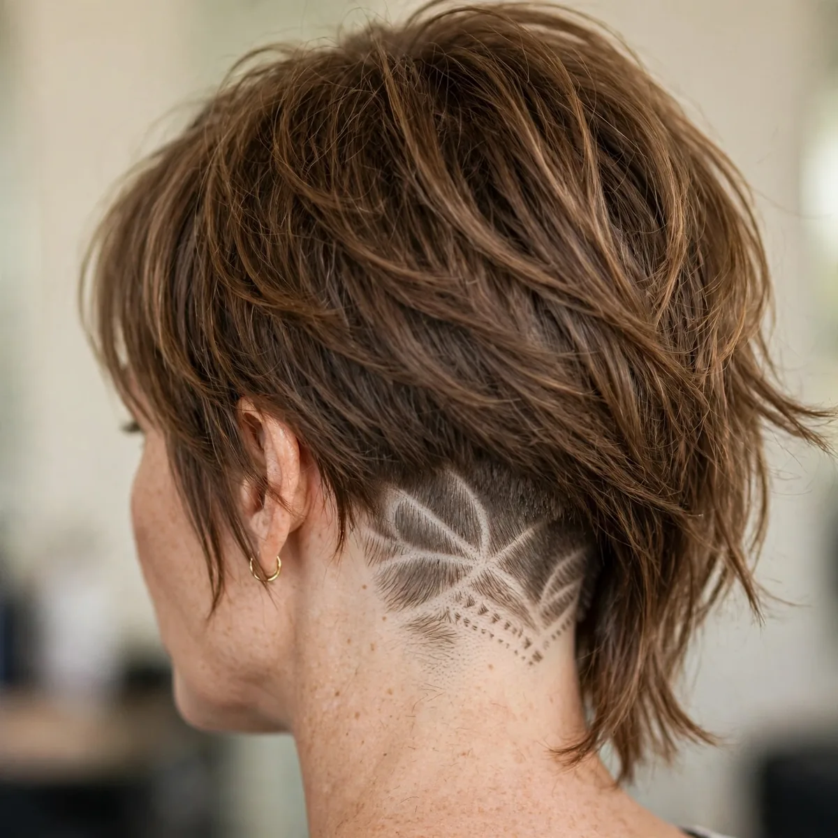 Pixie bob with an artistic shaved design at the nape peeking beneath longer hair