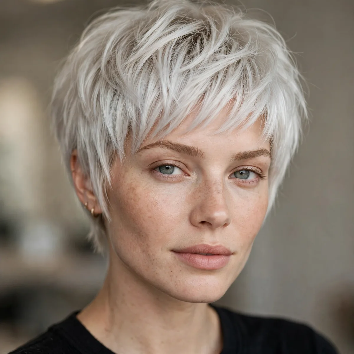 Platinum blonde pixie bob with icy bright color and textured short layers