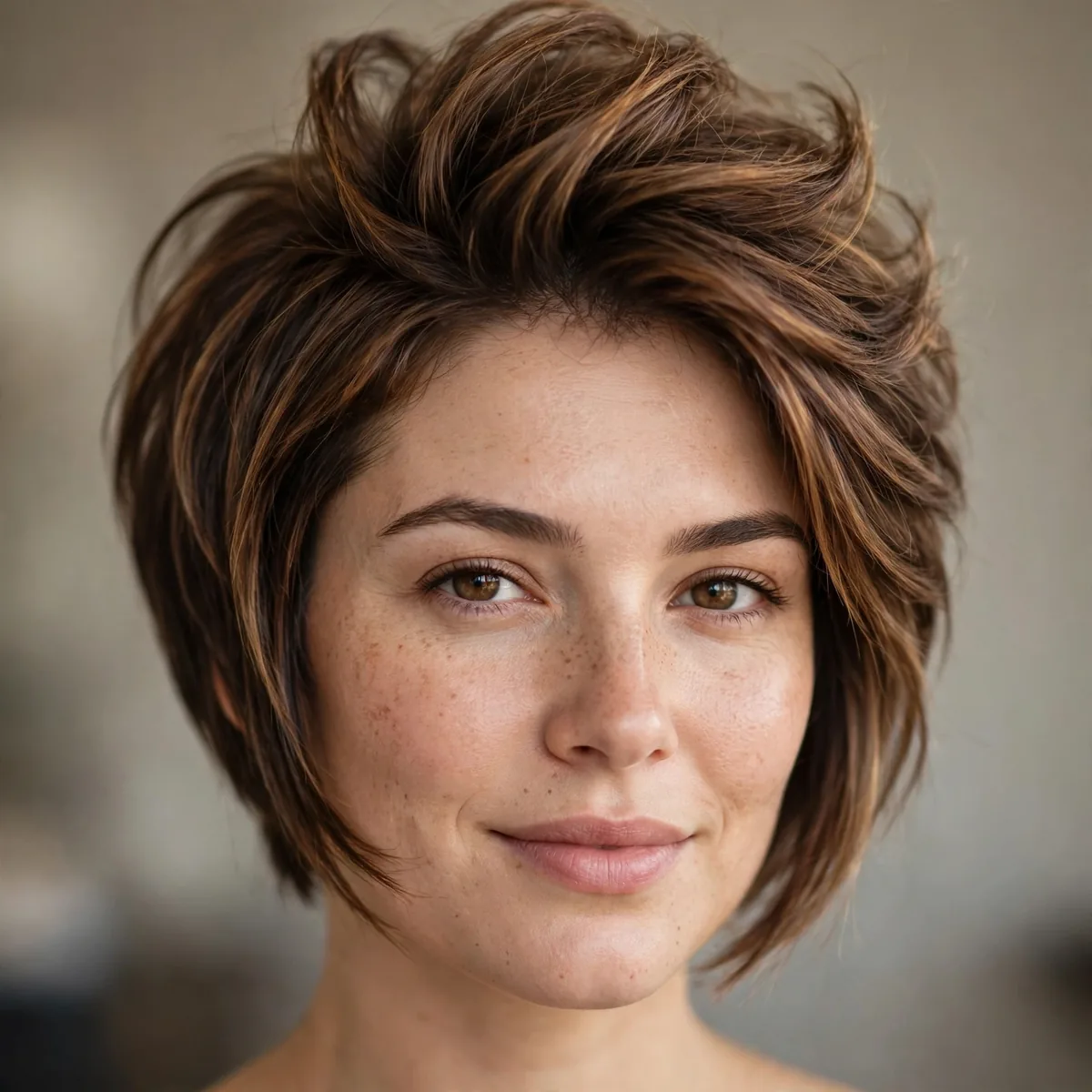 Pixie bob styled for a round face with height on top and slimming side pieces