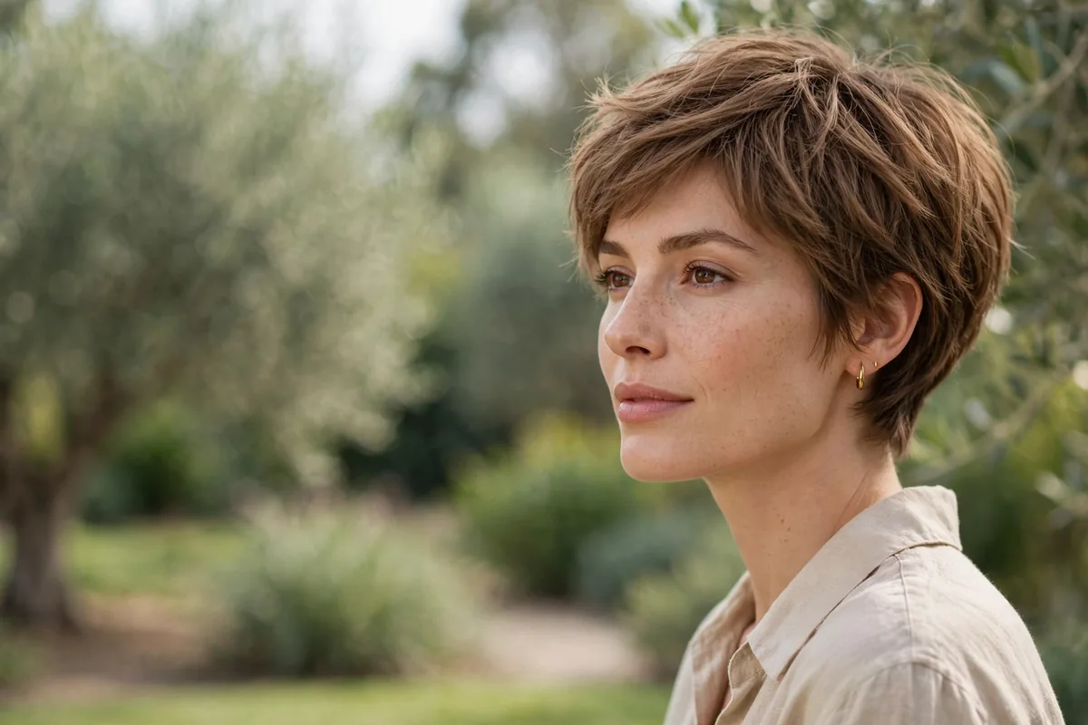Woman with a chic textured pixie bob haircut in soft natural daylight