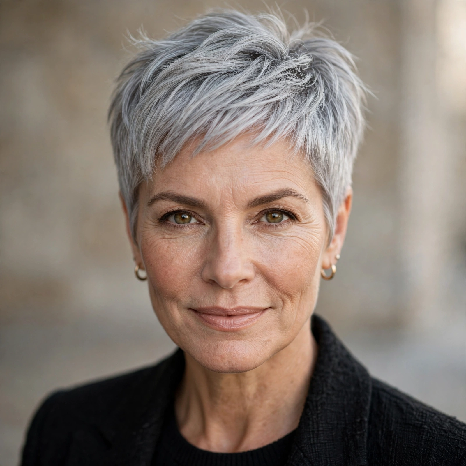 Silver gray pixie haircut