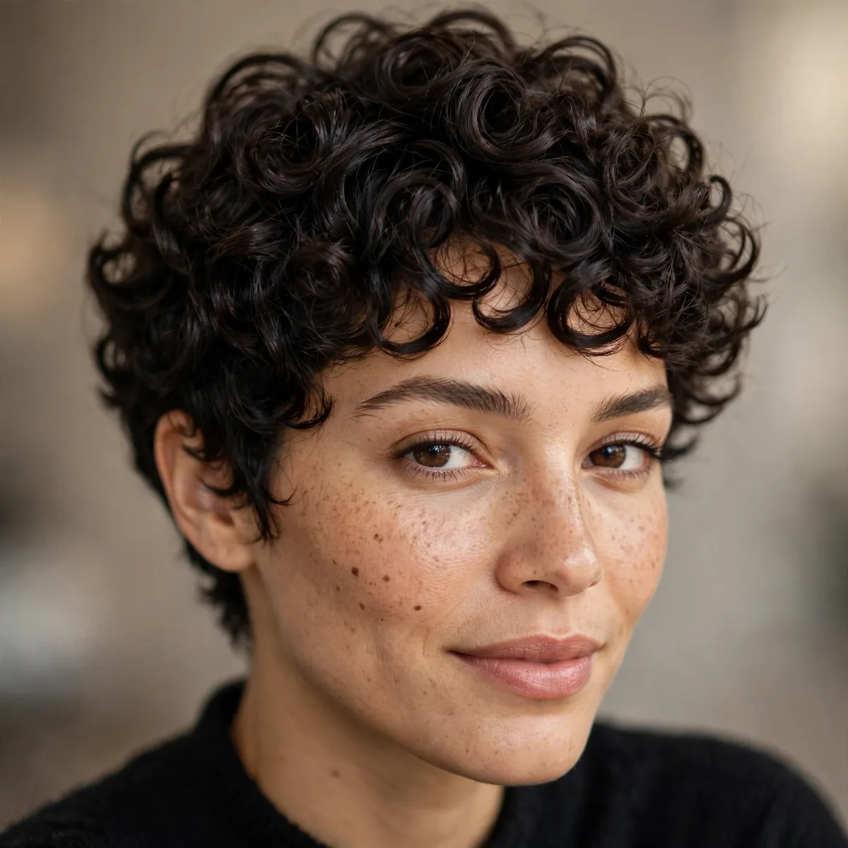 Defined curly pixie with bouncy volume and beautifully shaped short curls