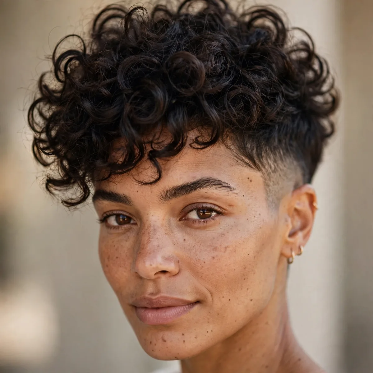 Tapered curly pixie with close faded sides and voluminous curls on top
