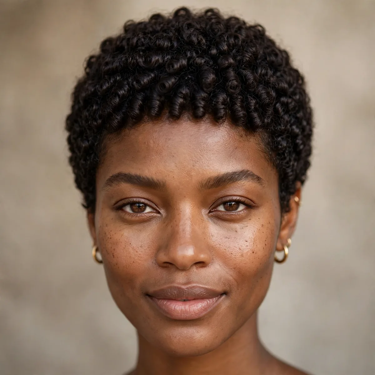 Coily pixie cut with tight defined coils and a rounded flattering shape