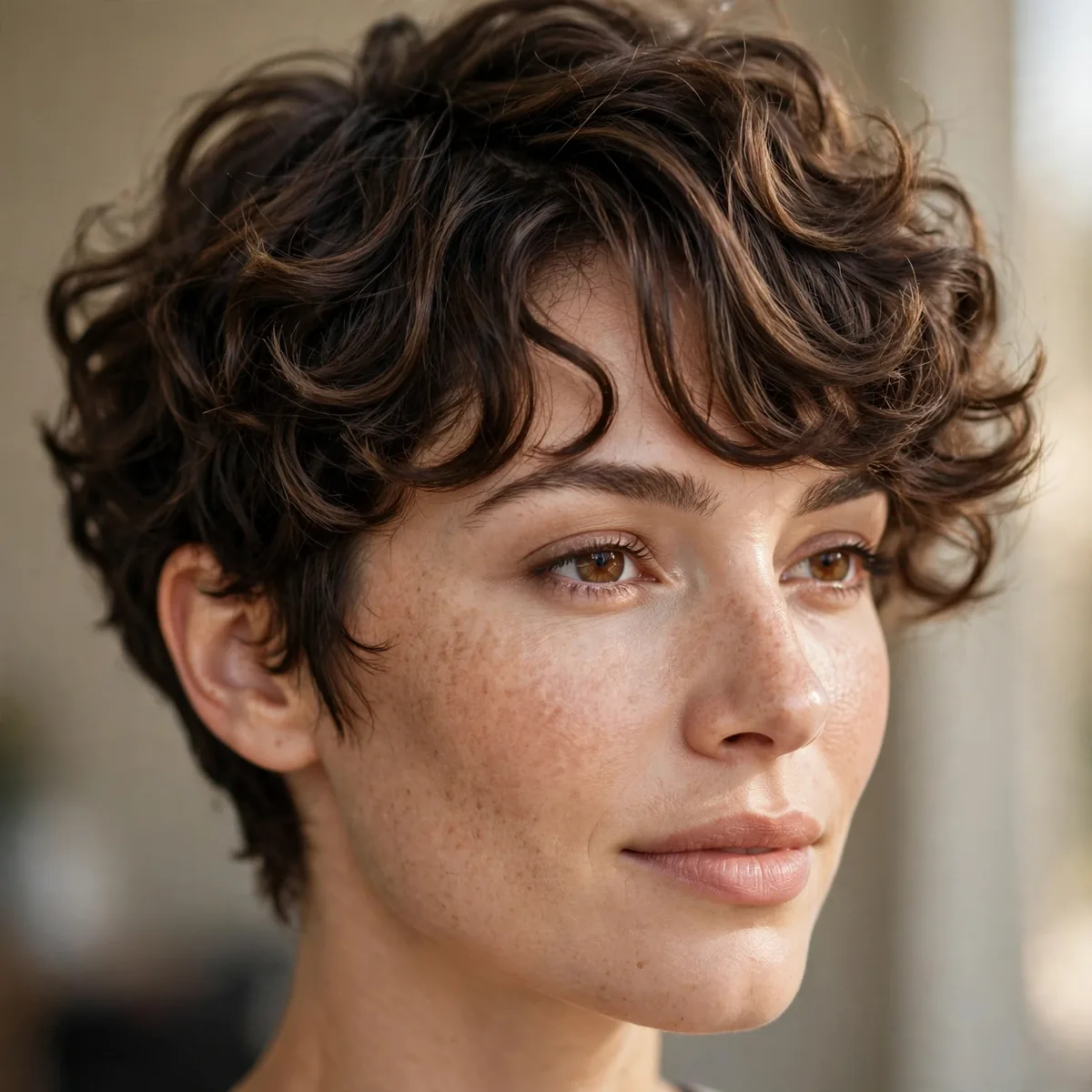 Curly pixie with soft side-swept curly bangs framing the forehead