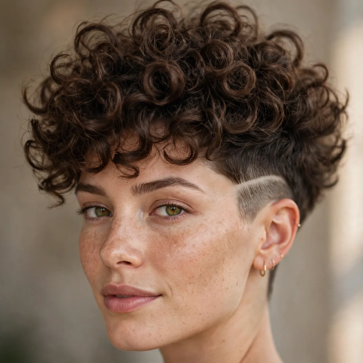 Curly pixie with a bold undercut beneath voluminous top curls