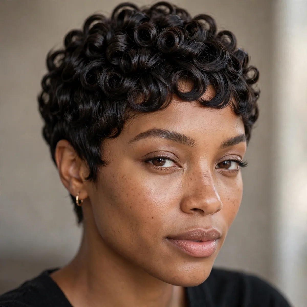 Finger-coiled pixie with uniform defined coils and polished finish