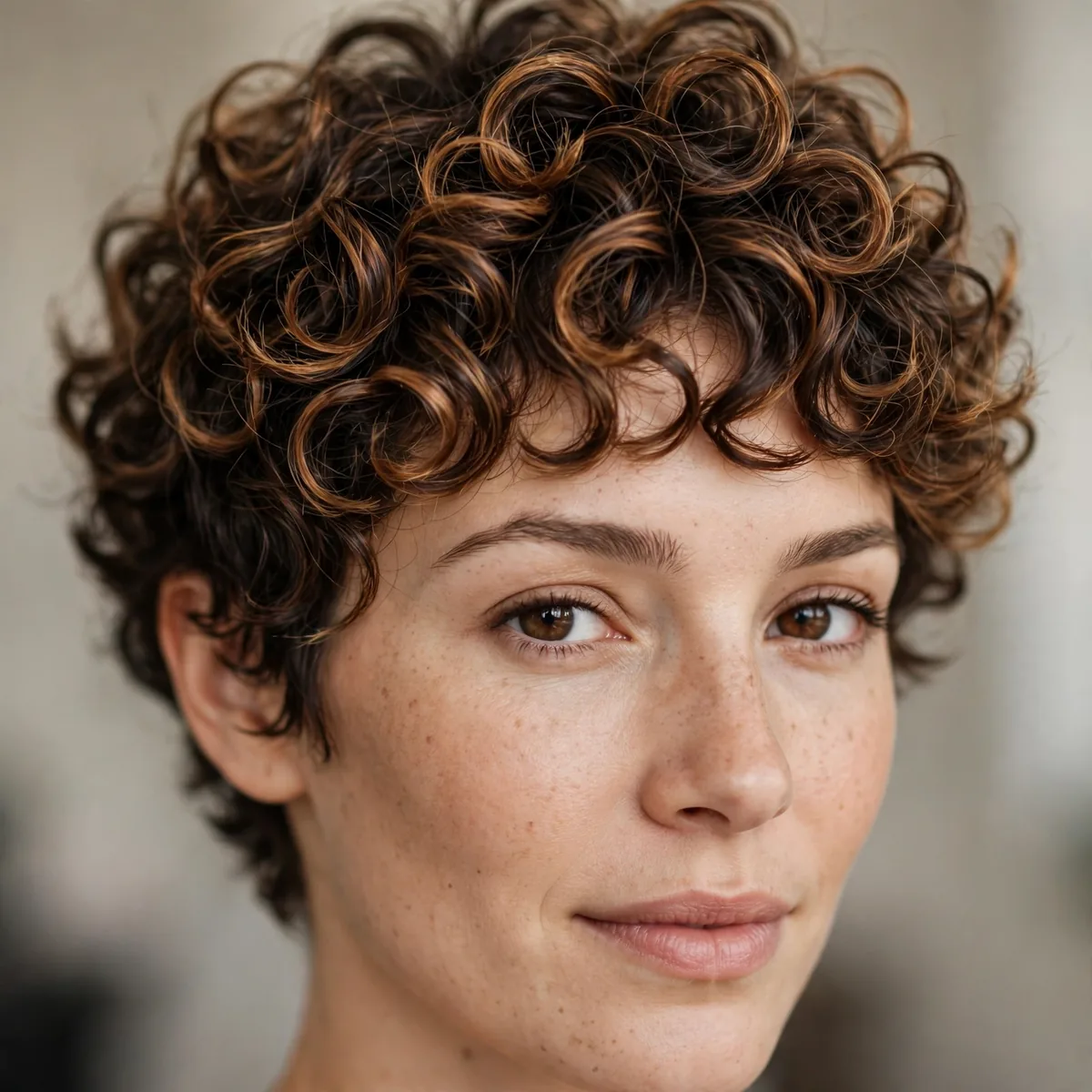 Curly pixie with dimensional caramel highlights enhancing each curl