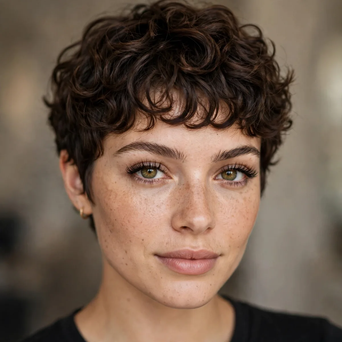 Short curly pixie with a soft curly fringe across the forehead