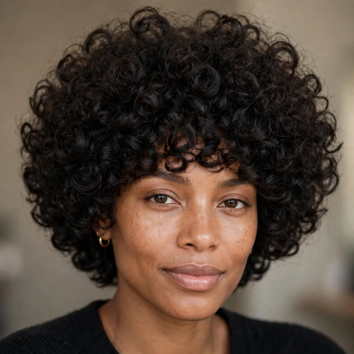 Curly pixie on thick dense curls with a full rounded voluminous shape