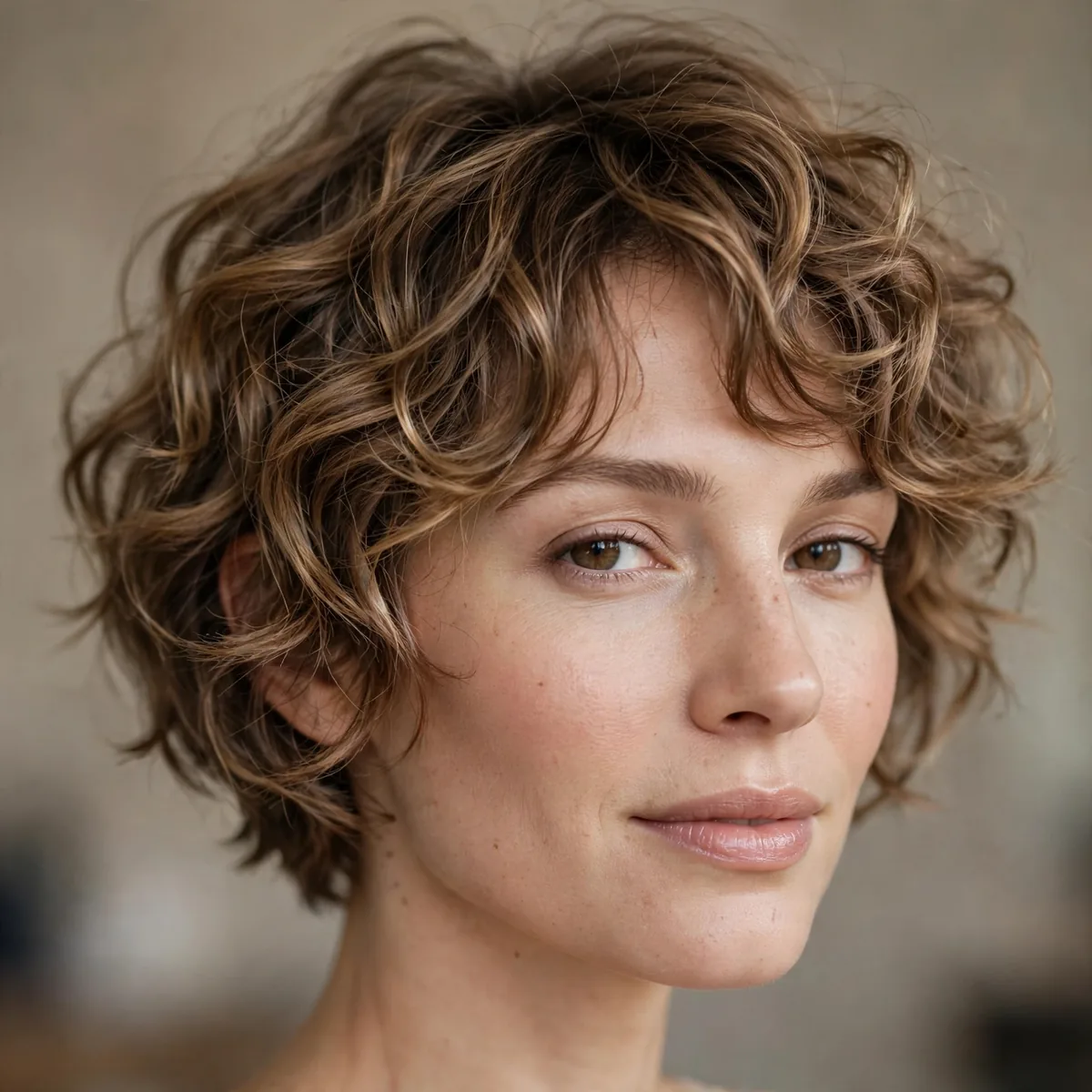 Loose curl pixie bob with relaxed waves and soft feminine shape