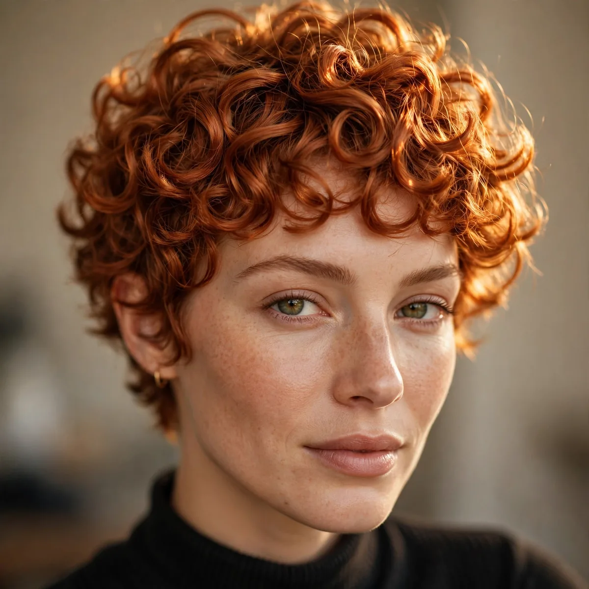 Copper-colored curly pixie with warm vibrant tones glowing on defined curls