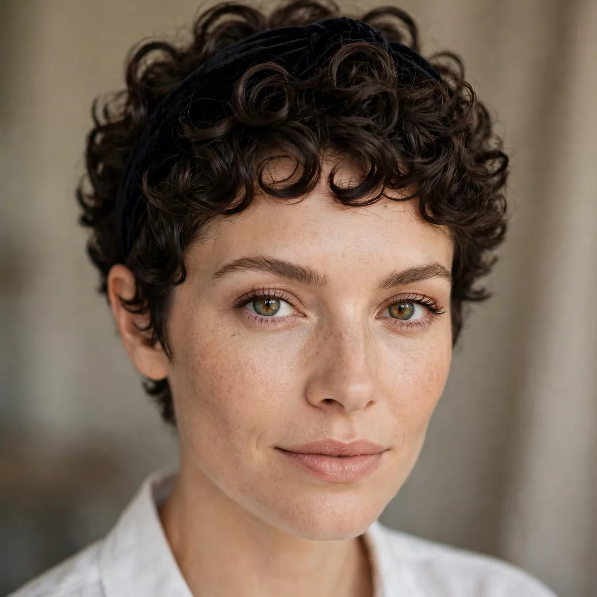Curly pixie styled with a chic headband pushing curls back elegantly