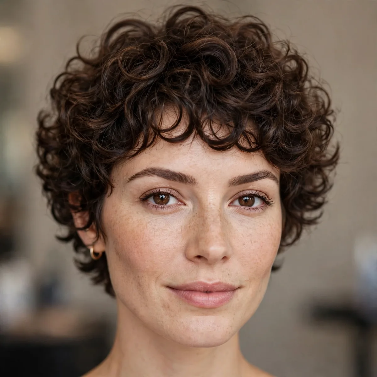Curly pixie on an oval face with balanced volume all around