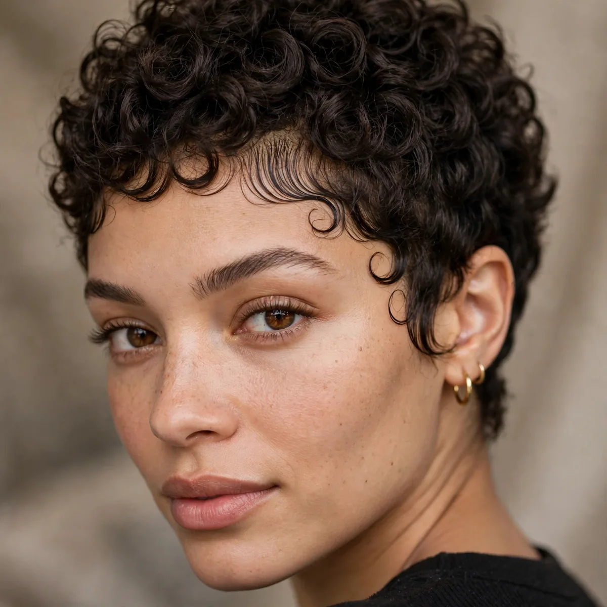 Curly pixie with sleek defined baby hairs along the hairline