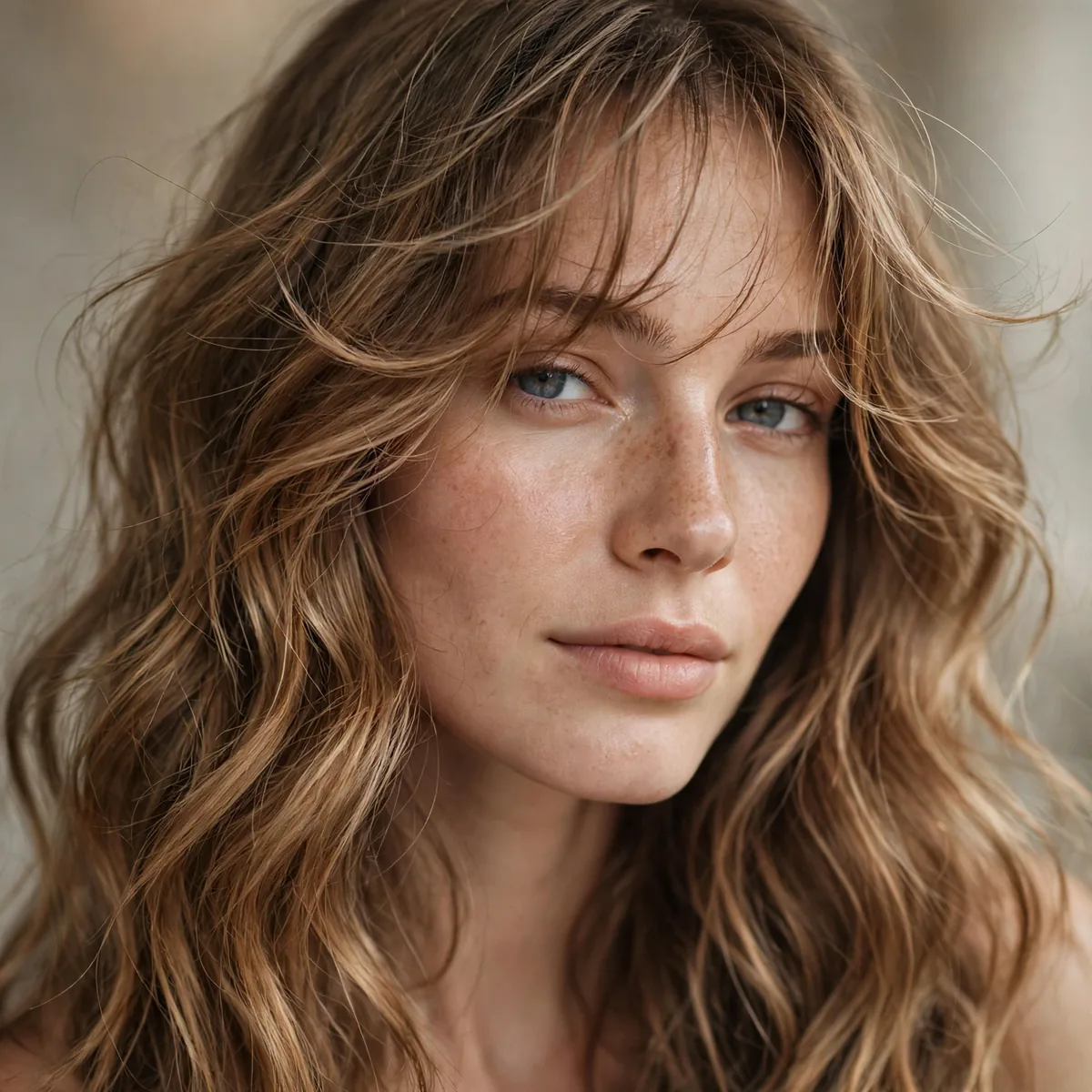 Long wavy hair with delicate wispy bangs floating across the forehead