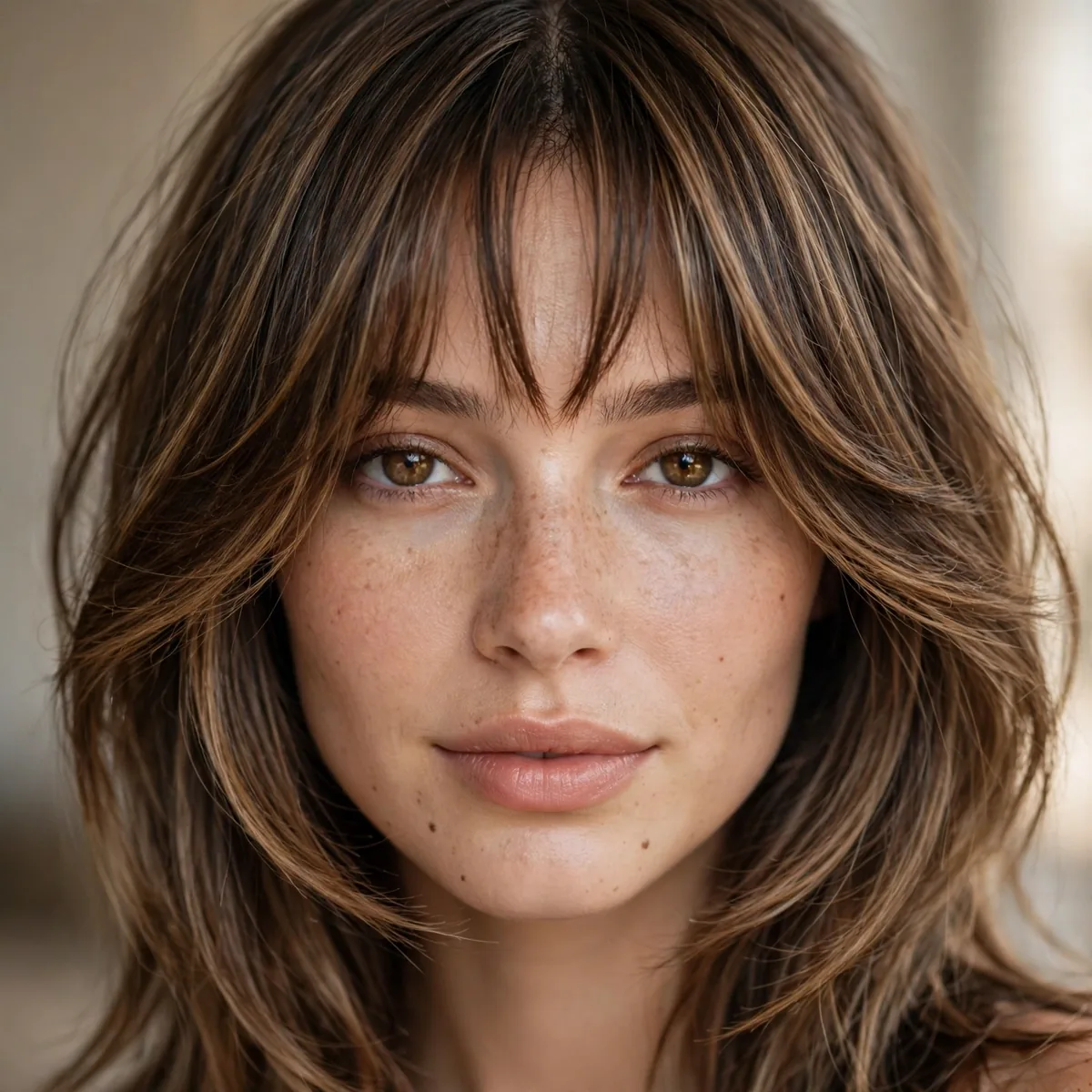 Face-framing layers with trendy bottleneck bangs narrowing at the forehead