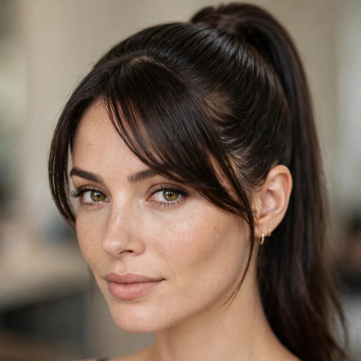 Sleek high ponytail with elegant side bangs framing the face
