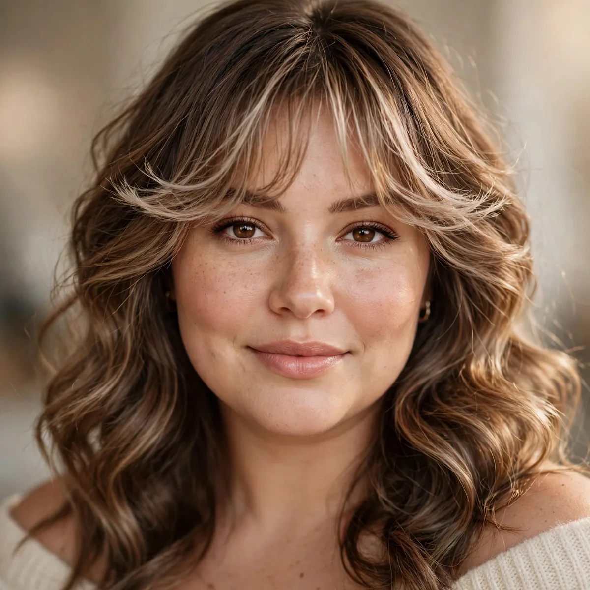 Soft romantic waves with light feathered bangs on a curvy woman