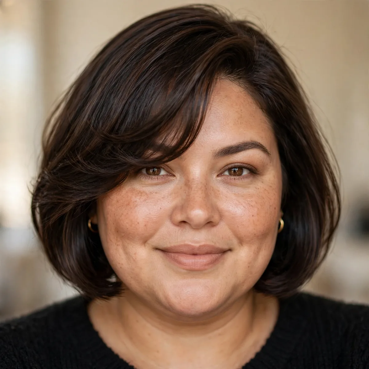 Chin-length bob with flattering side-swept bangs on a curvy woman