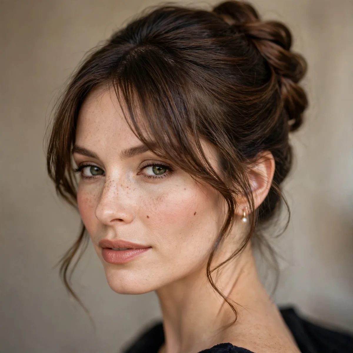 Elegant updo with soft face-framing bangs for a formal occasion