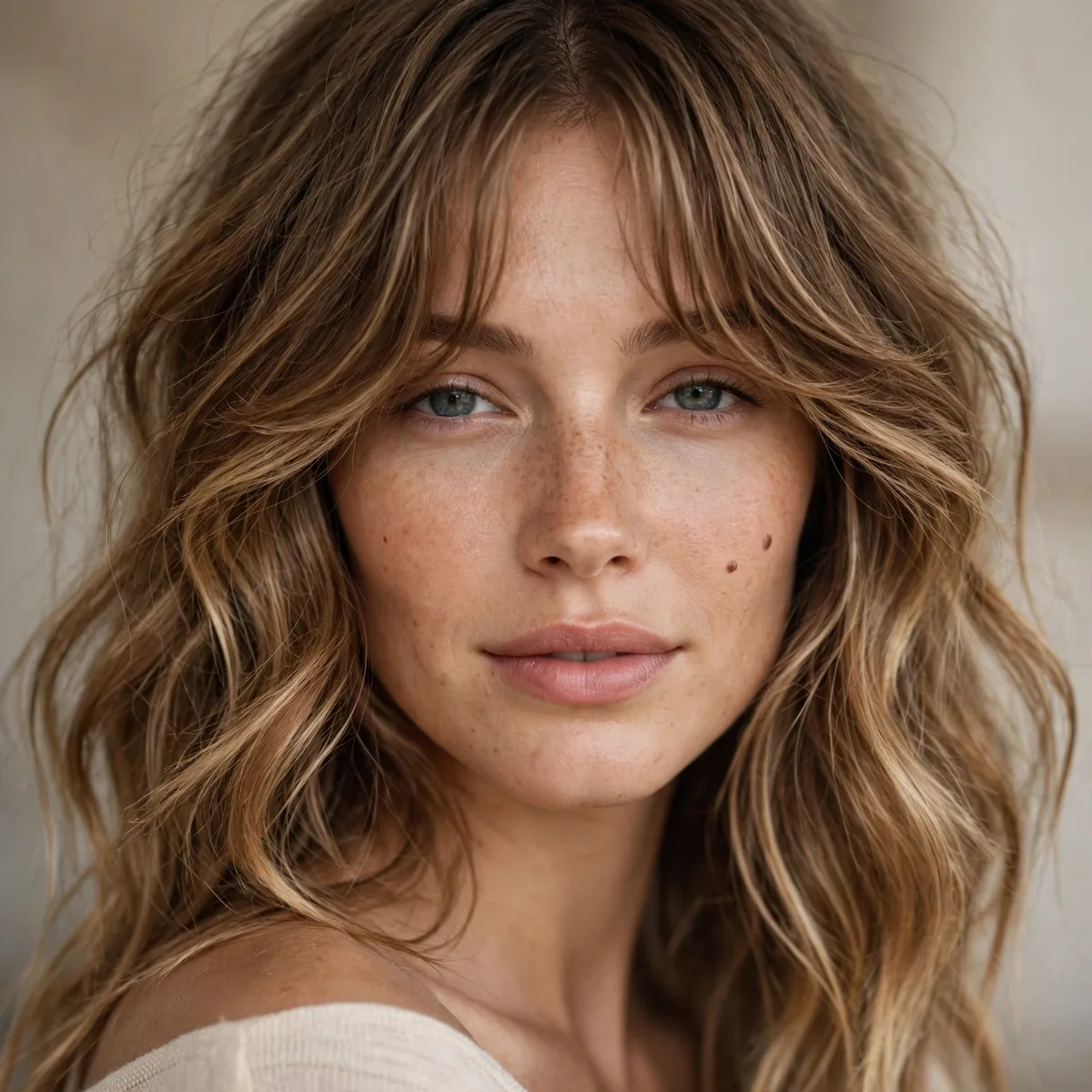 Effortless beach waves paired with relaxed curtain bangs