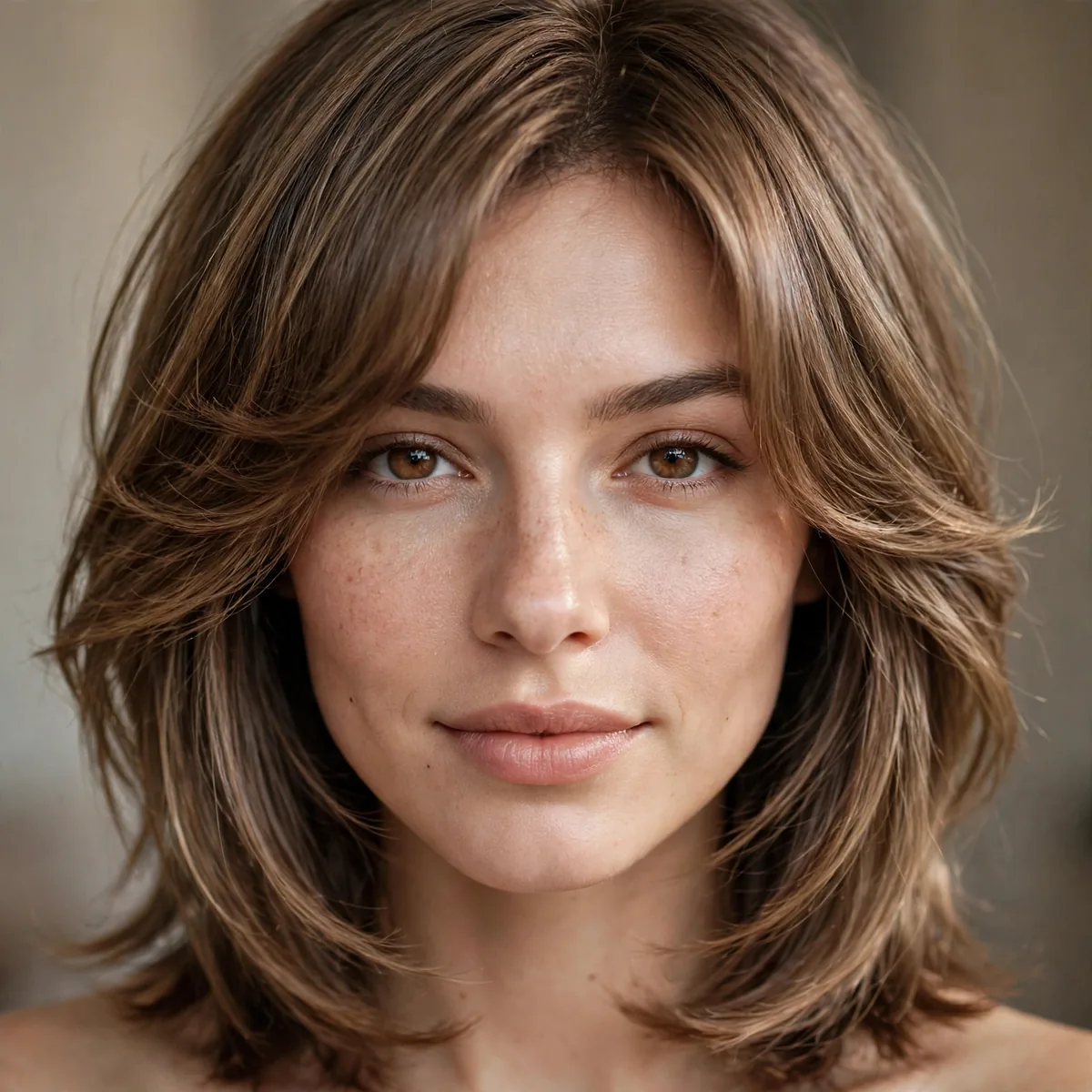 Mid-length layered cut with elegant arched bangs curving across the forehead
