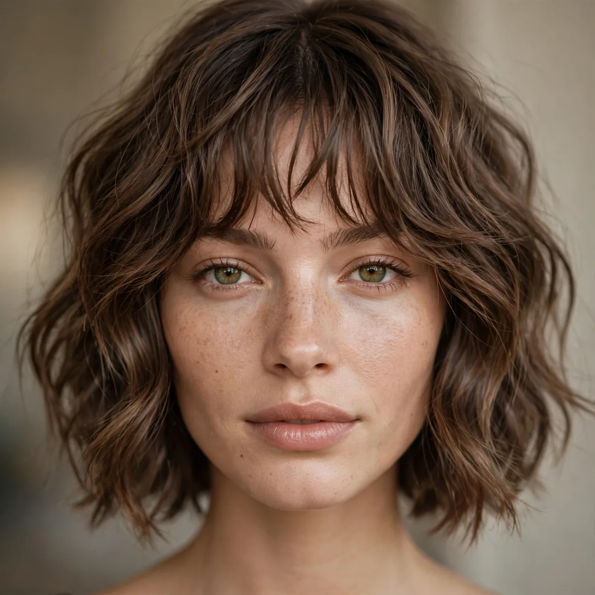 Wavy lob haircut with piecey separated bangs and modern texture