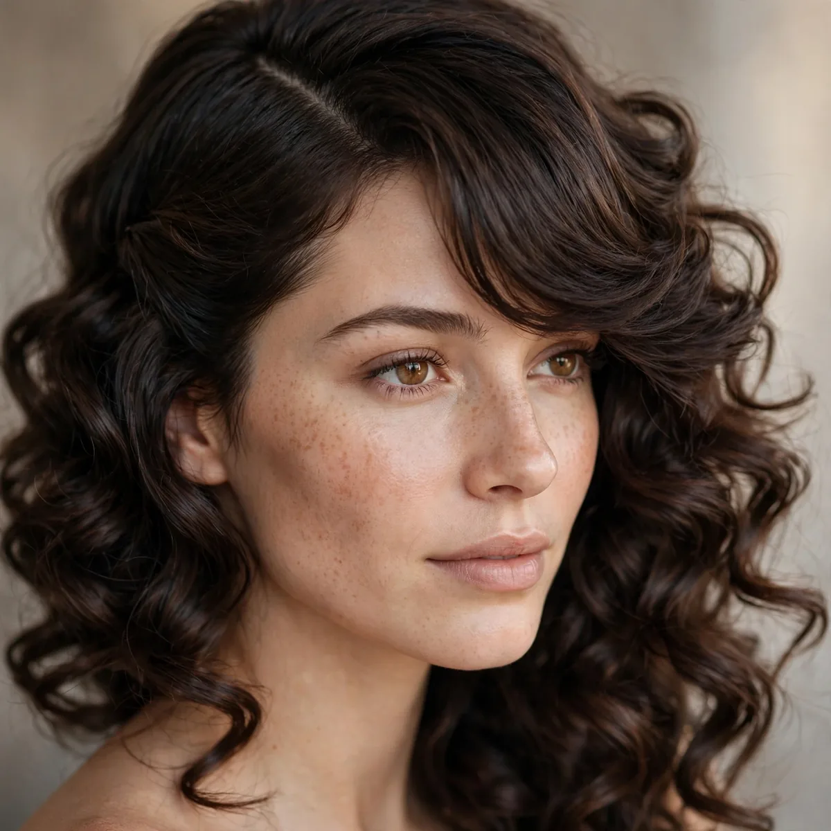 Romantic defined curls with a deep side part and sweeping bangs