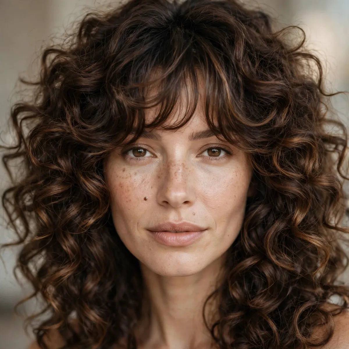 Big bouncy voluminous curls with soft layered bangs