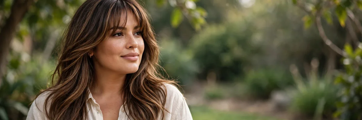 Curvy woman with long layered hair and flattering curtain bangs