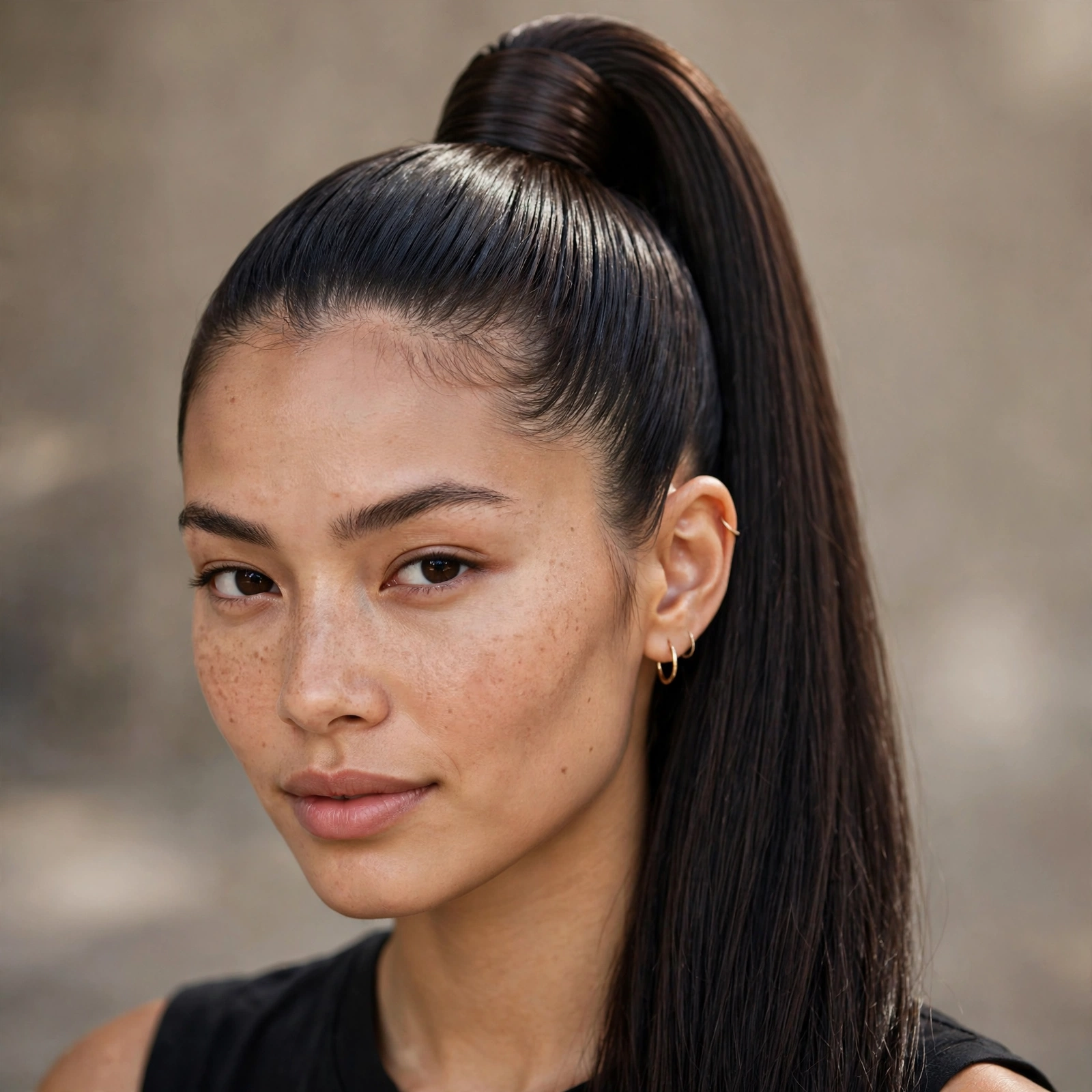 Sleek high ponytail on thick hair