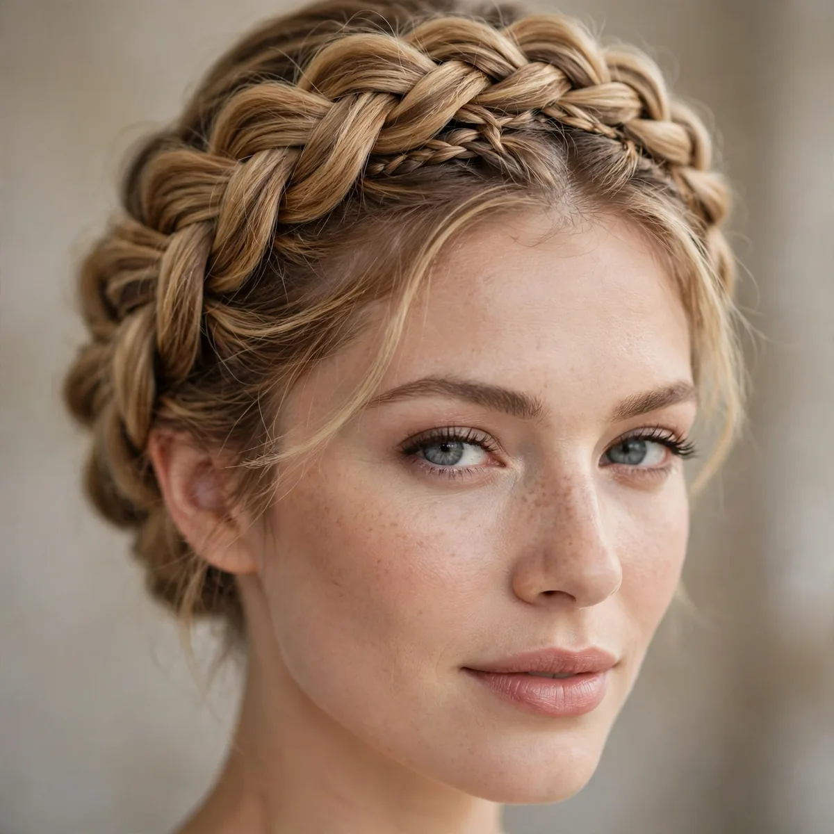 Braided crown bridal updo wrapping around the head like a regal halo