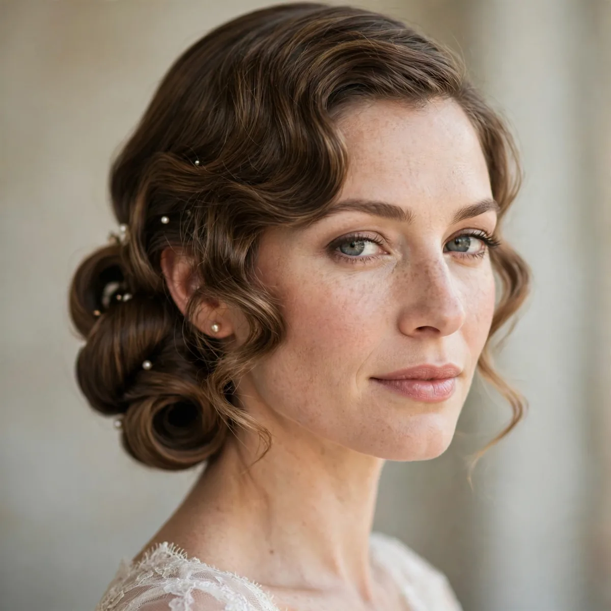 Vintage Gibson tuck bridal updo with rolled ends and classic elegance