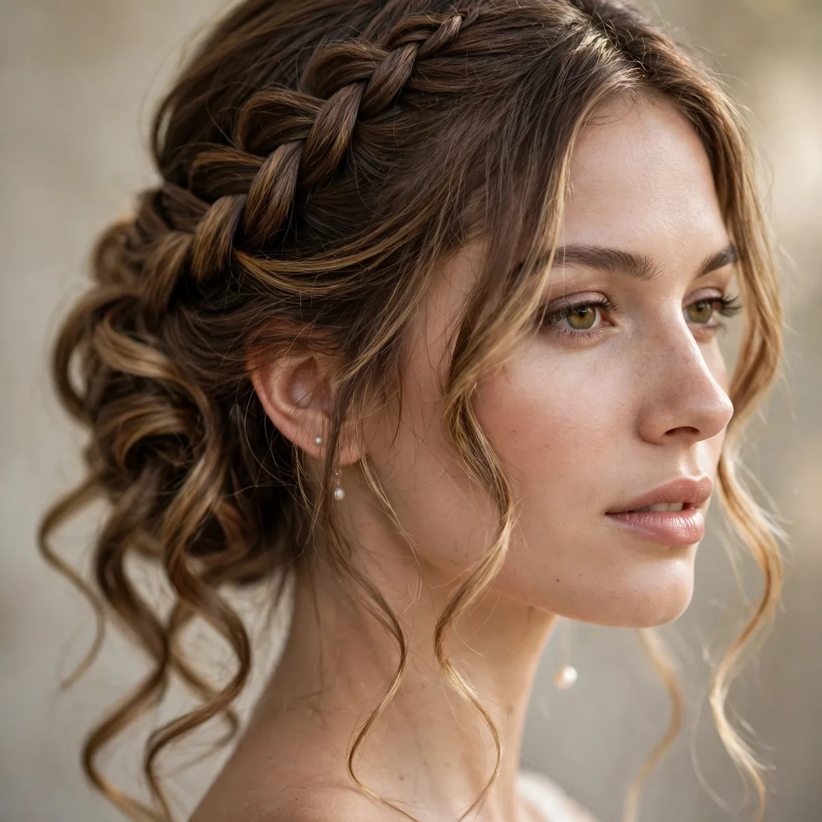 Waterfall braid flowing into an elegant bridal updo with cascading strands