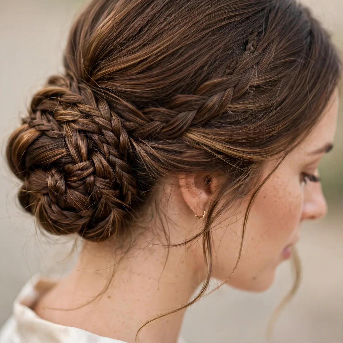 Low bridal bun with intricate braided details woven throughout